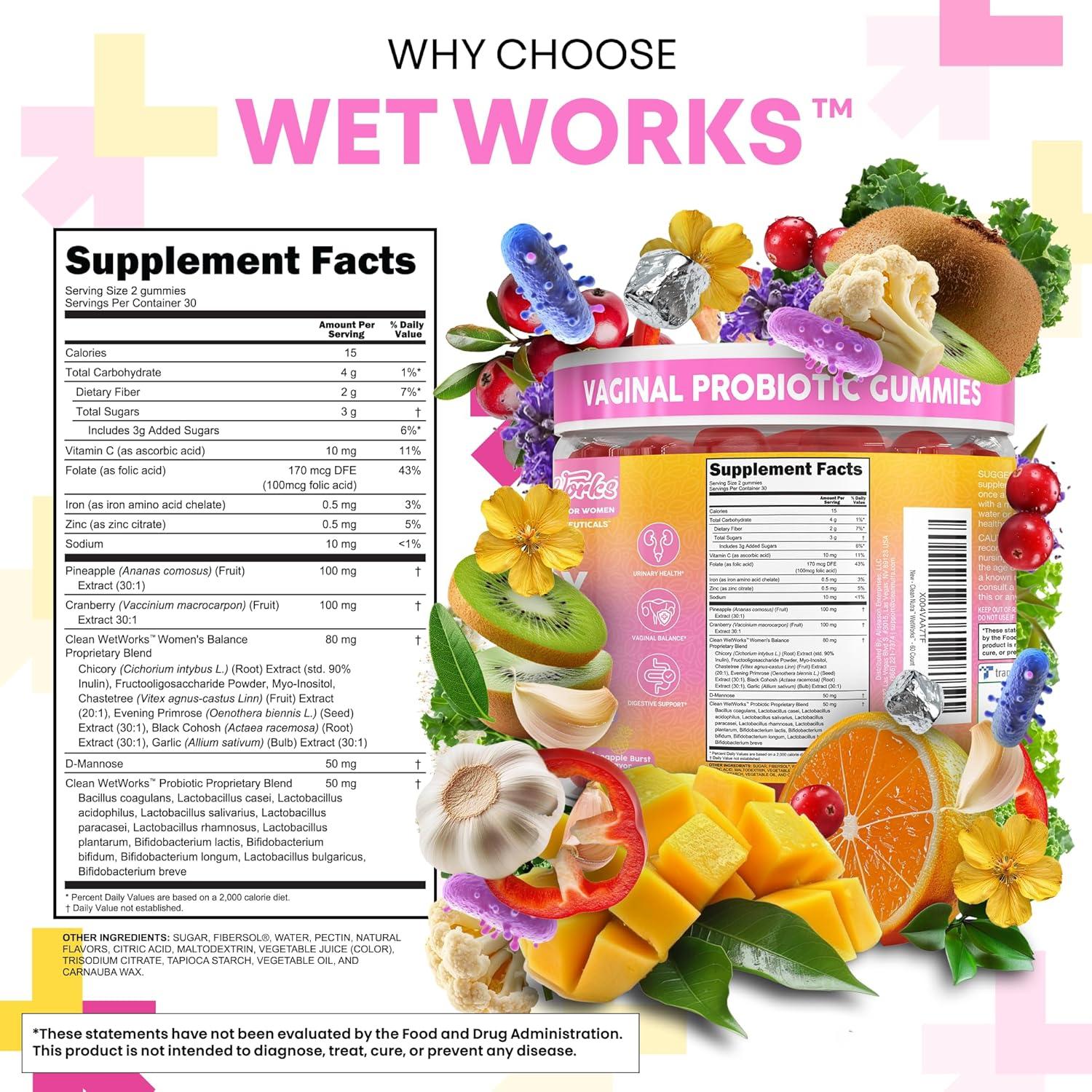 image:imageWet Works Womens Vaginal Probiotic Gummies Pineapple Cranberry Folic Acid DMannose Vitamin C Chicory Myo Inositol Garlic Black Cohosh Zinc Iron Evening Primrose Chastetree 60 Count by Clean Nutra