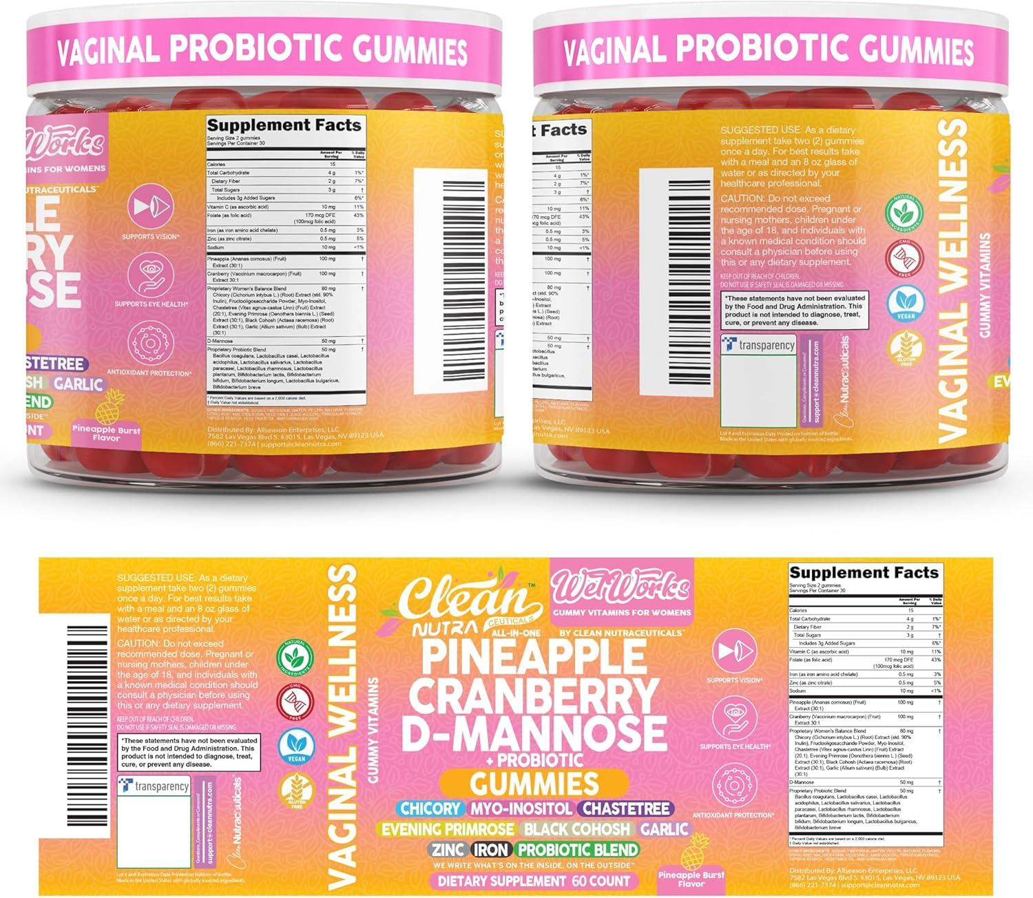 image:imageWet Works Womens Vaginal Probiotic Gummies Pineapple Cranberry Folic Acid DMannose Vitamin C Chicory Myo Inositol Garlic Black Cohosh Zinc Iron Evening Primrose Chastetree 60 Count by Clean Nutra