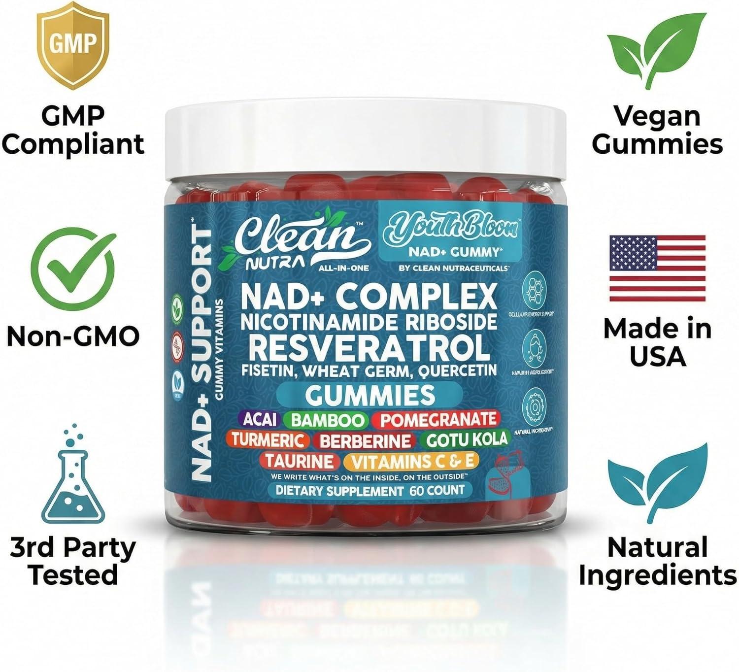 image:imageYouth Bloom NAD Supplement Gummies Resveratrol Fisetin Wheat Germ Berberine Taurine Turmeric Collagen Astaxanthin Nicotinamide Gotu Kola Pomegranate Vitamin C amp E 60 Ct by Clean Nutra