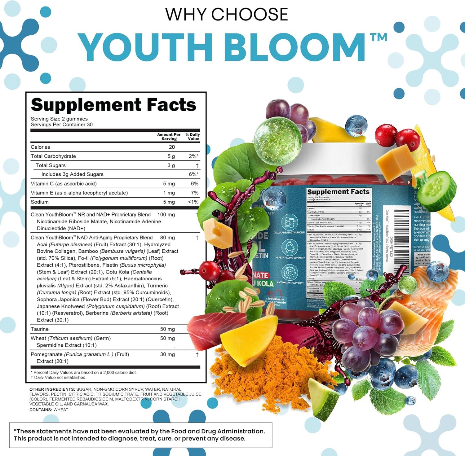 image:imageYouth Bloom NAD Supplement Gummies Resveratrol Fisetin Wheat Germ Berberine Taurine Turmeric Collagen Astaxanthin Nicotinamide Gotu Kola Pomegranate Vitamin C amp E 60 Ct by Clean Nutra