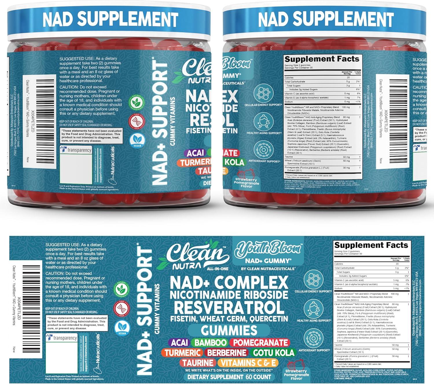 image:imageYouth Bloom NAD Supplement Gummies Resveratrol Fisetin Wheat Germ Berberine Taurine Turmeric Collagen Astaxanthin Nicotinamide Gotu Kola Pomegranate Vitamin C amp E 60 Ct by Clean Nutra