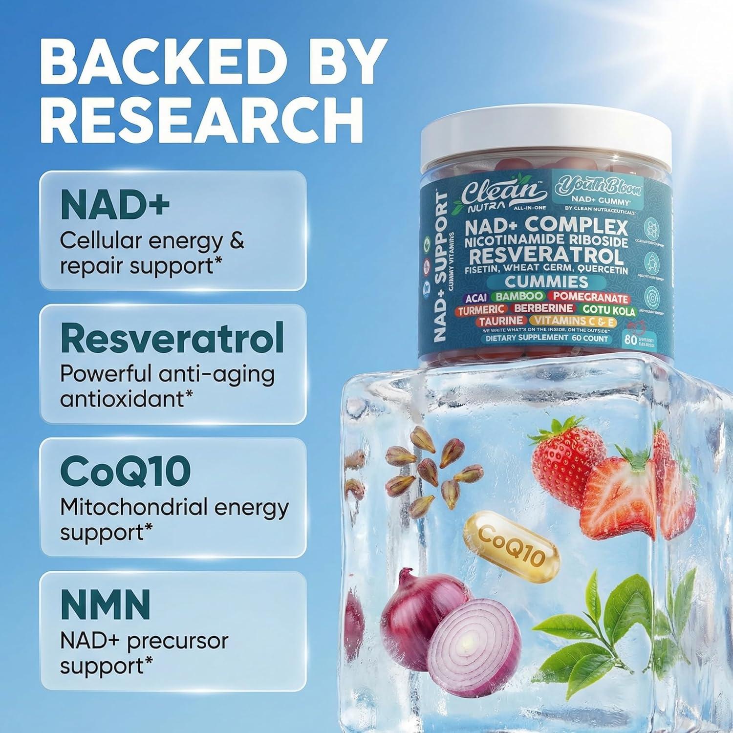 image:imageYouth Bloom NAD Supplement Gummies Resveratrol Fisetin Wheat Germ Berberine Taurine Turmeric Collagen Astaxanthin Nicotinamide Gotu Kola Pomegranate Vitamin C amp E 60 Ct by Clean Nutra