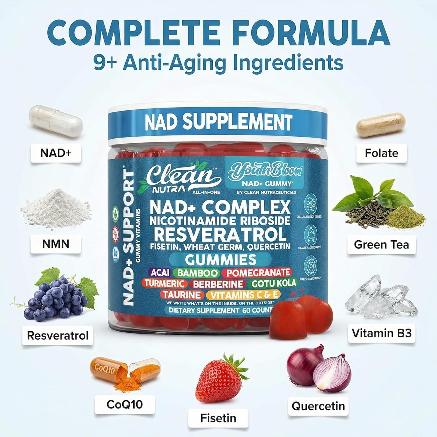 image:imageYouth Bloom NAD Supplement Gummies Resveratrol Fisetin Wheat Germ Berberine Taurine Turmeric Collagen Astaxanthin Nicotinamide Gotu Kola Pomegranate Vitamin C amp E 60 Ct by Clean Nutra