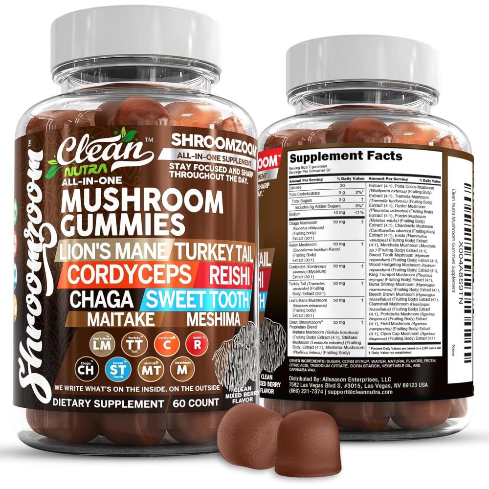 image:image15in1 Mushroom Gummies with Lions Mane Turkey Tail Cordyceps Reishi Chaga Sweet Toot Maitake Meshima Poria Cocos Shiitake Tremella Oyster Agaricus Mushrooms for Men and Women Supplement Clean Nutra1