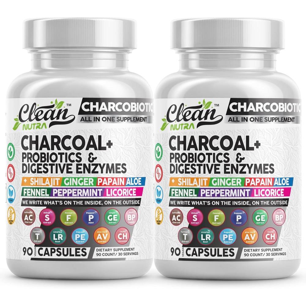 image:imageActivated Charcoal Pills for Gas Relief and Debloat CharcoBiotic with Probiotics Digestive Enzymes Shilajit Peppermint Fennel Ginger Turmeric Licorice Root Aloe Vera Ceylon Cinnamon Clean Nutra 90ct60 Count Pack of 2