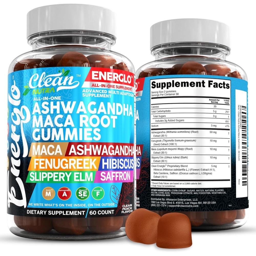 image:imageAshwagandha Maca Root Gummies with Fenugreek Hibiscus Slippery Elm Saffron Extract amp Beta Carotene Peach Flavor Vegan Gummy Vitamins Adaptogen Cortisol Supplement Energlo By Clean Nutra1