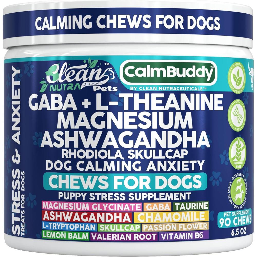 image:imageCalmBuddy Anxiety and Stress Relief Supplements GABA LTheanine Magnesium Ashwagandha Rhodiola Rosea Chamomile LTryptophan Skullcap Taurine Valerian Root 60 Beef Flavor Chew by Clean Nutra Pets