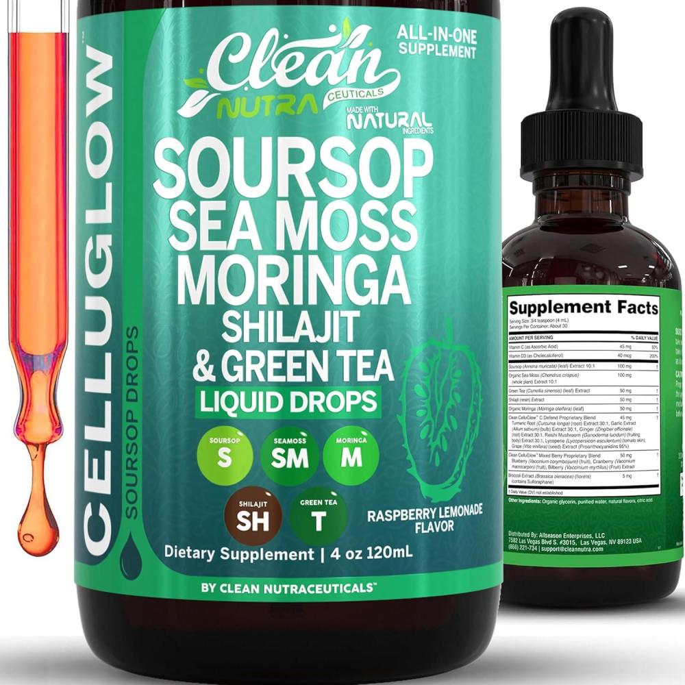 image:imageCelluGlow Soursop Bitters Liquid Drops Green Tea Extract Sea Moss Moringa Shilajit Vitamin C D3 Garlic Turmeric Ginger Reishi Mushroom Grape Seed Lycopene Immune Support Supplement by Clean Nutra 4oz