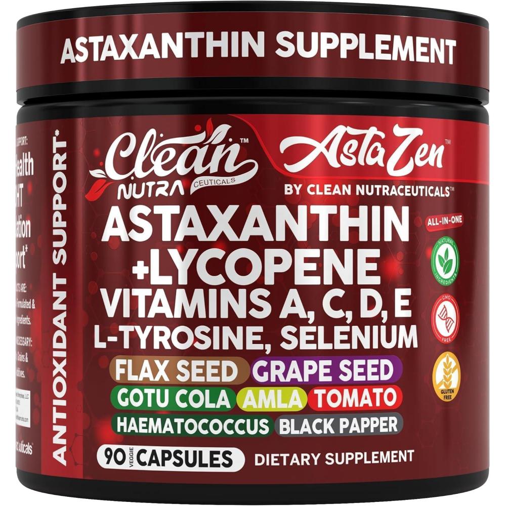 image:imageClean Nutra Astaxanthin 12mg Lycopene Supplement with Vitamin A C D3 E LTyrosine Selenium Flax Grape Seed Gotu Kola Amla Black Pepper 90 Complex Veggie Capsules