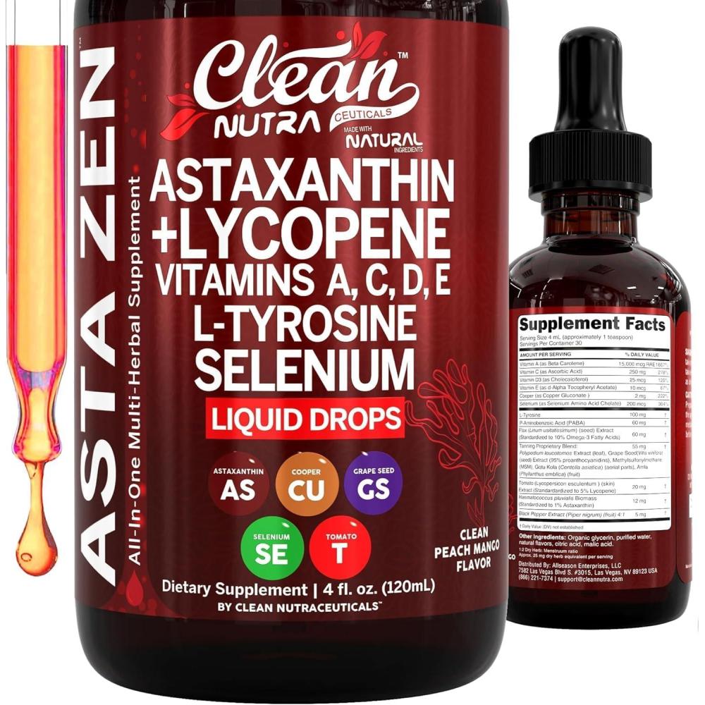 image:imageClean Nutra Astaxanthin Lycopene Liquid Drops Absorption Support Vitamins A C D E 4 fl oz Potent Natural D3 C E A amp Selenium LTyrosine Formula Pure Antioxidant Blend Enhanced Nutrient Uptake