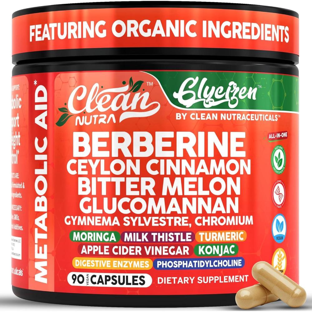 image:imageClean Nutra Berberine and Ceylon Cinnamon Supplement Bitter Melon Glucomannan Gymnema Sylvestre Chromium Moringa Milk Thistle Turmeric Apple Cider Vinegar Digestive Enzymes Inositol Pills 90 Capsules