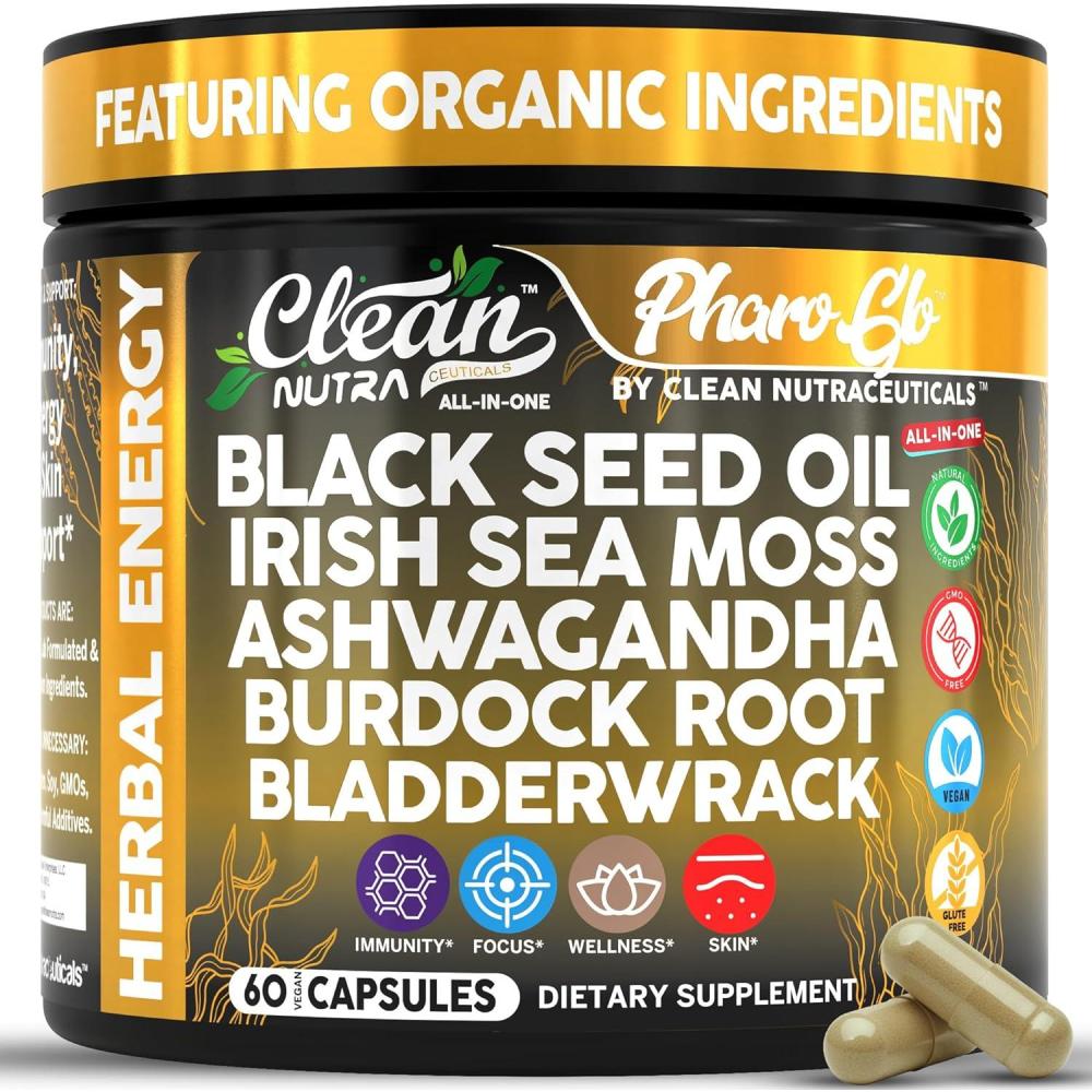 image:imageClean Nutra Black Seed Oil Capsules Sea Moss Ashwagandha Burdock Root Bladderwrack Seaweed Skin Detox Stress Relief Immune Support Focus Supplement Nigella Sativa 60 Pills