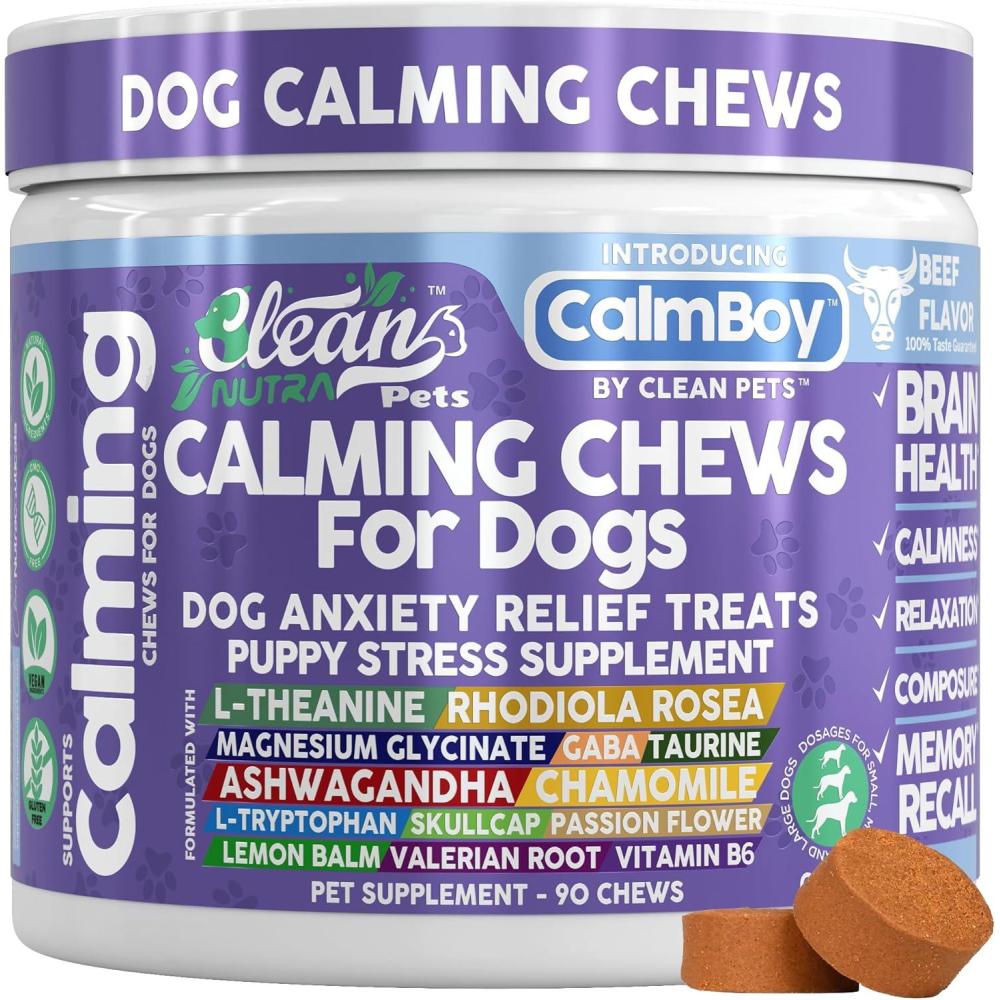 image:imageClean Nutra Calming Chews for Dogs Dog Anxiety Relief Supplement L Theanine Ashwagandha Rhodiola GABA Magnesium Valerian Natural Ingredients 90 Chews Beef Flavor