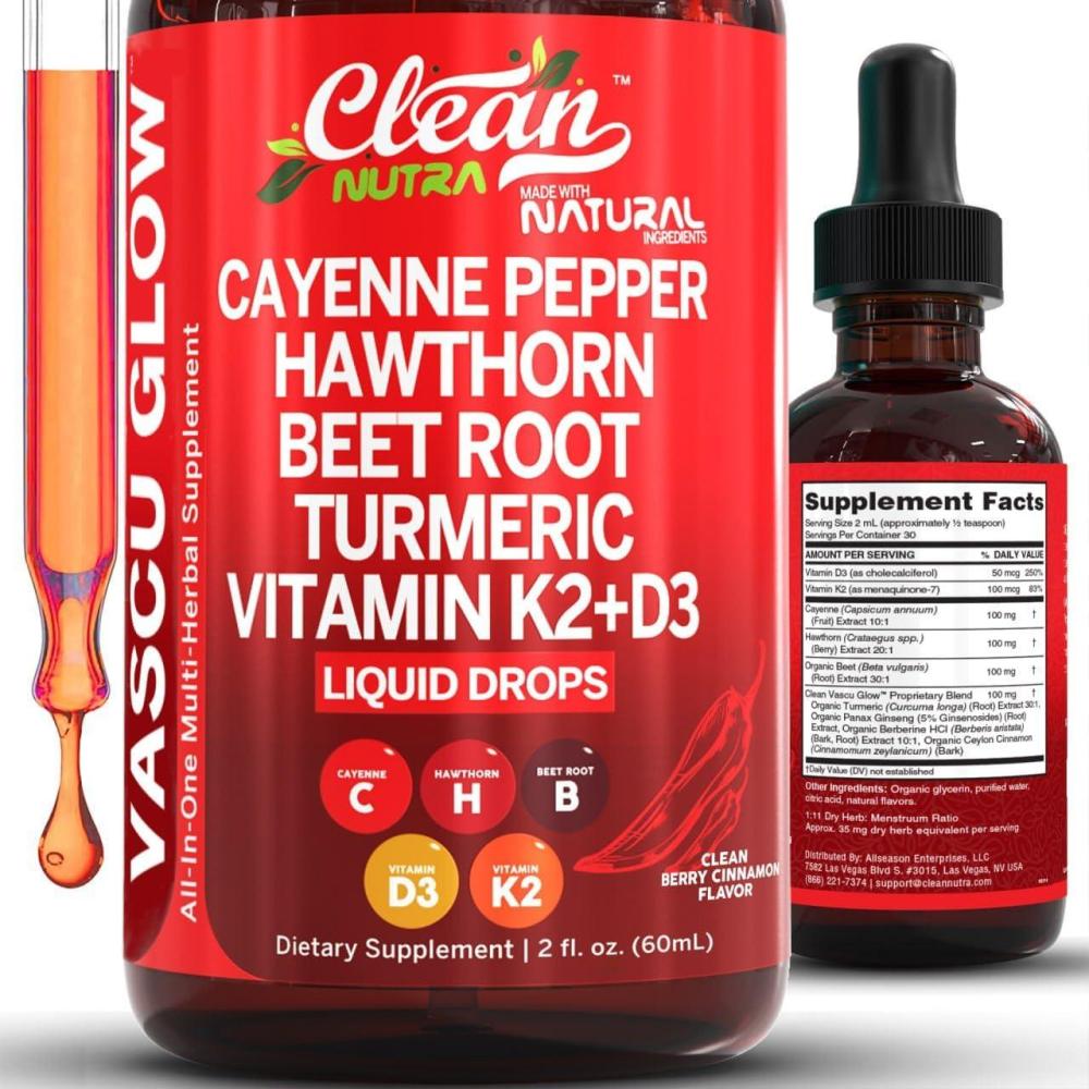 image:imageClean Nutra Cayenne Pepper Drops Supplement Liquid Hawthorn Berry Vitamin D3 K2 Beet Root Powder Ceylon Cinnamon Turmeric Curcumin Organic Panax Ginseng Berberine Extract 1 Pack1