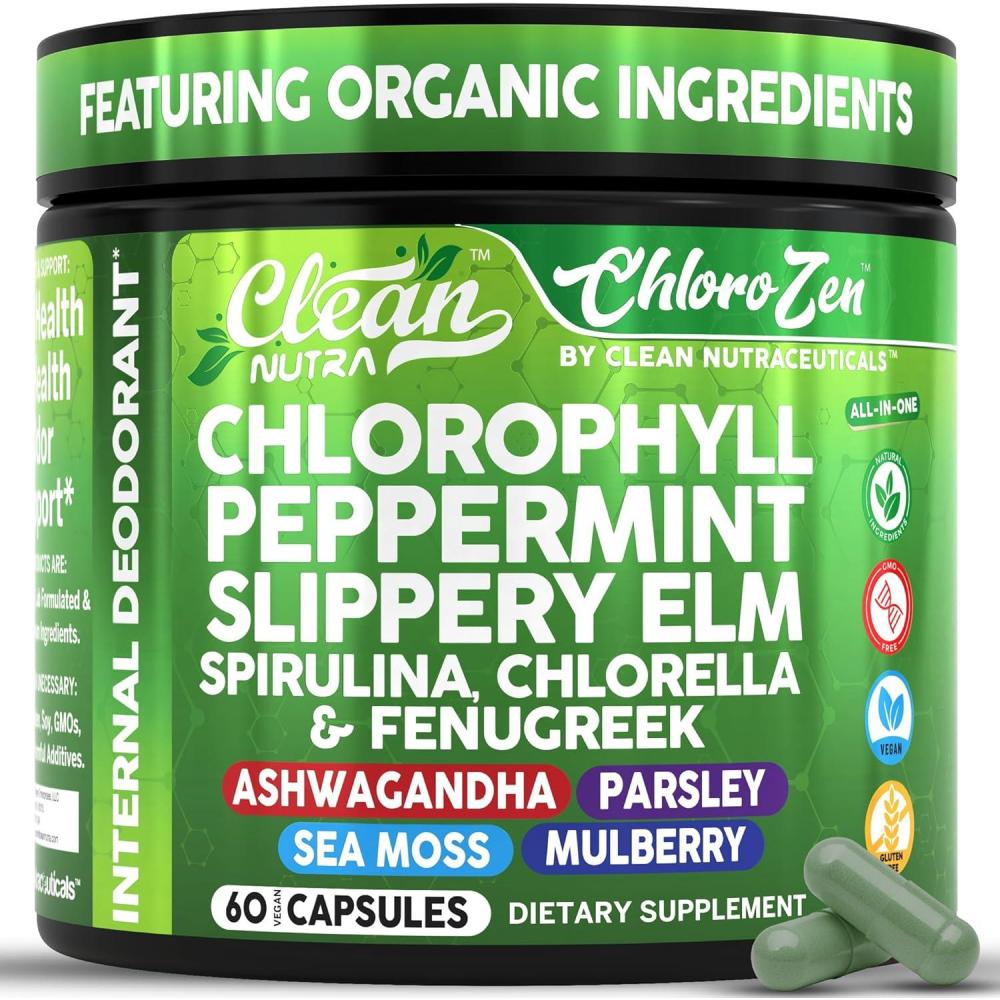image:imageClean Nutra Chlorophyll Capsules Peppermint Slippery Elm Spirulina Chlorella Fenugreek Ashwagandha Sea Moss Supplement Ph Balance for Women Detox Internal Deodorant Supplement Prebiotics 60 Ct