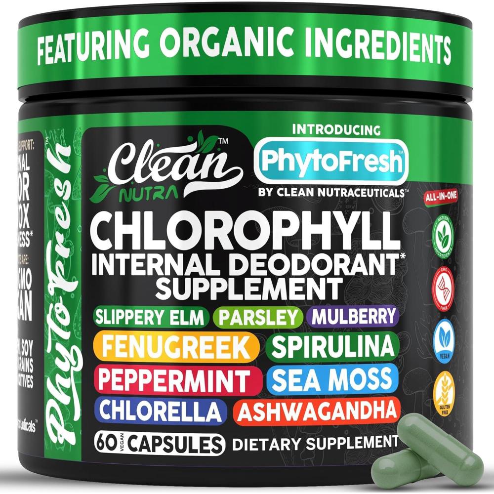 image:imageClean Nutra Chlorophyll Capsules Supplement Internal Deodorant Peppermint Sea Moss Parsley Chlorella Spirulina Slippery Elm Ashwagandha PhytoFresh Greens Detox Pills1