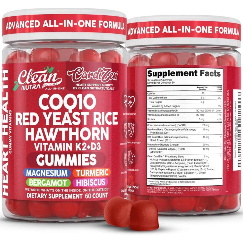 image:imageClean Nutra CoQ10 Gummies Red Yeast Rice Hawthorn K2 Vitamin Supplement Magnesium Glycinate Turmeric Citrus Bergamot Hibiscus VIT D K Fenugreek Garlic Supplements Heart Support Gummy 60ct