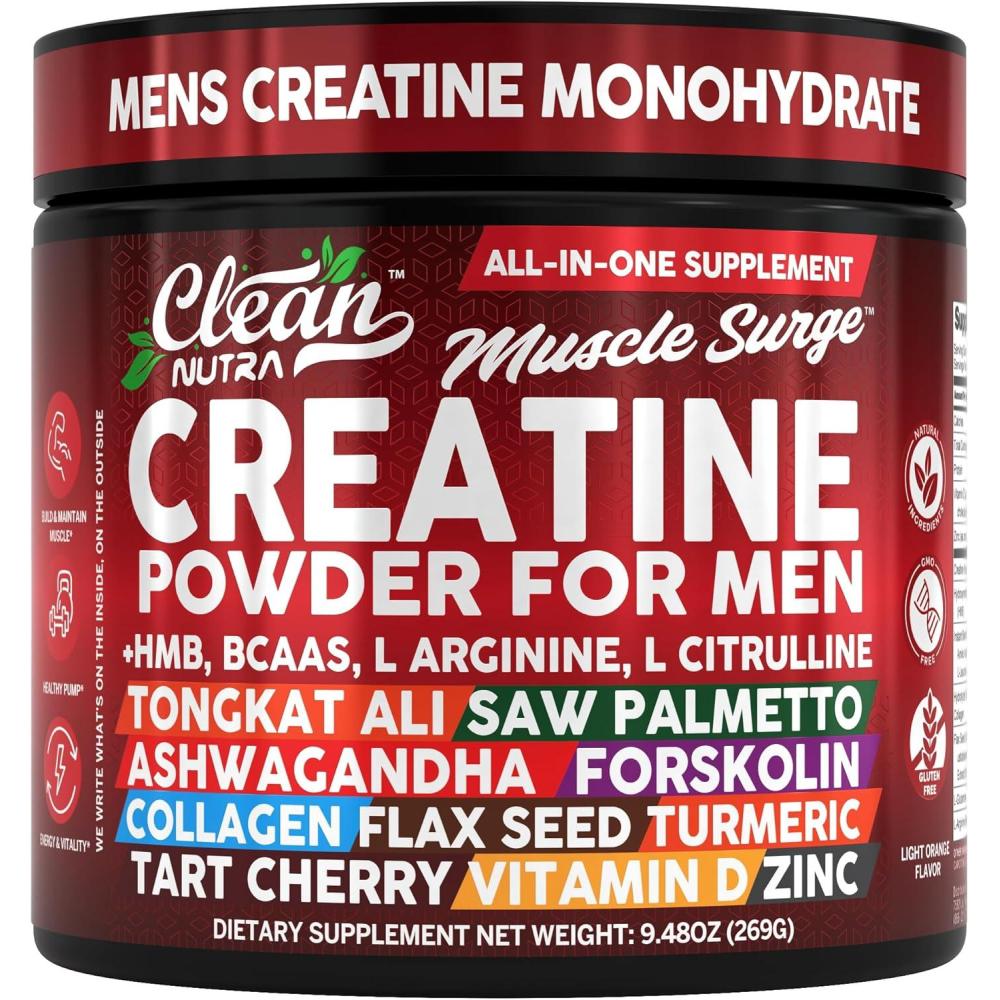 image:imageClean Nutra Creatine Powder for Men HMB BCAA L Arginine L Citrulline Tongkat Ali Saw Palmetto Ashwagandha Collagen Flax Seed Turmeric Preworkout Stevia Nitric Oxide L Glutamine Amino Acids