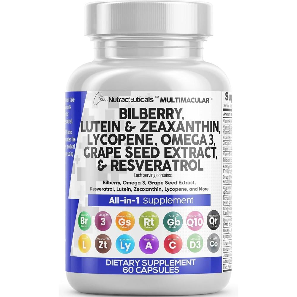 image:imageClean Nutra Eye Vitamins with Bilberry Lutein and Zeaxanthin Supplements Lycopene 40mg Resveratrol Grape Seed Astaxanthin for Eyes Eye Care Health Support Eye Vitamin and Mineral Supplement60 Count Pack of 1
