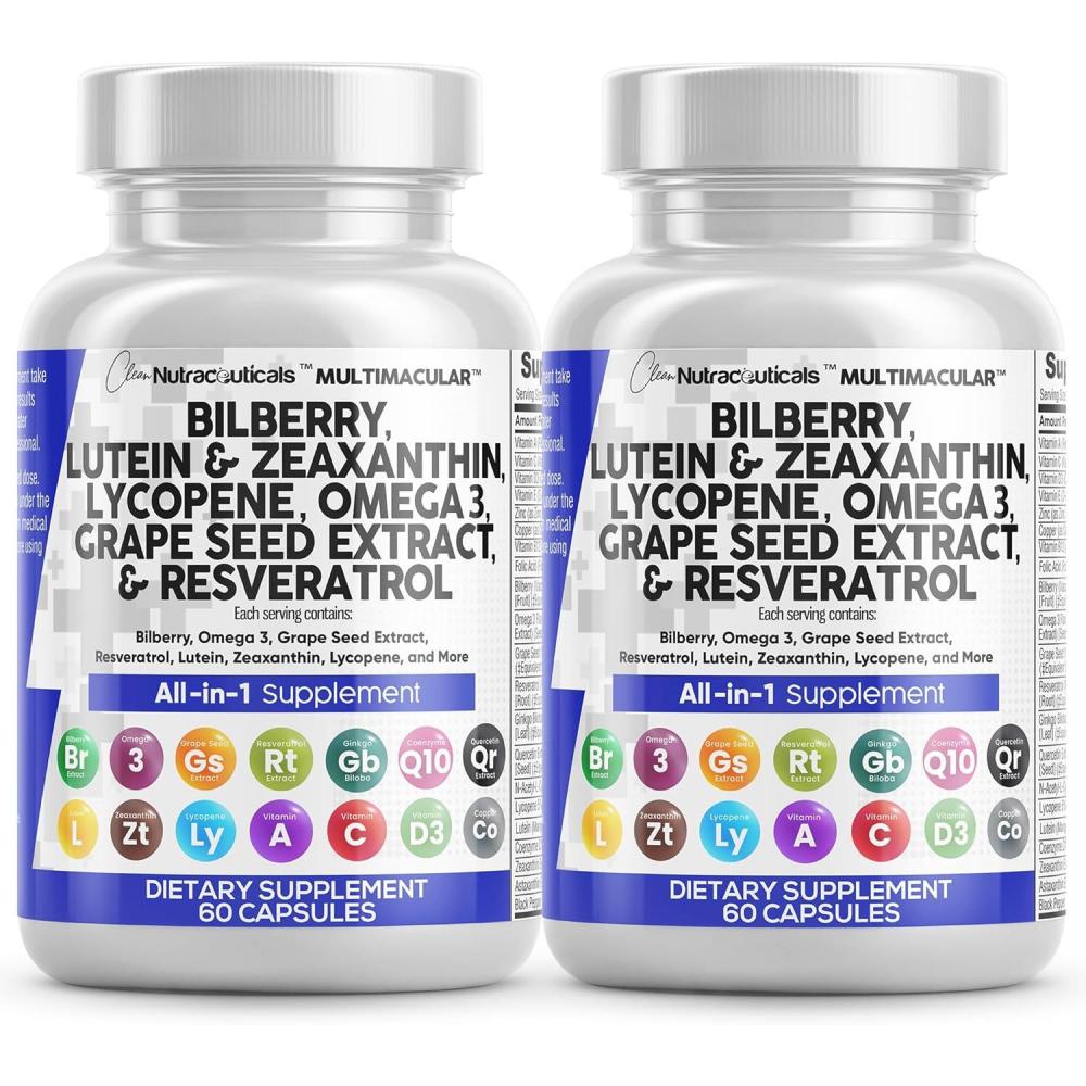 image:imageClean Nutra Eye Vitamins with Bilberry Lutein and Zeaxanthin Supplements Lycopene 40mg Resveratrol Grape Seed Astaxanthin for Eyes Eye Care Health Support Eye Vitamin and Mineral Supplement60 Count Pack of 2
