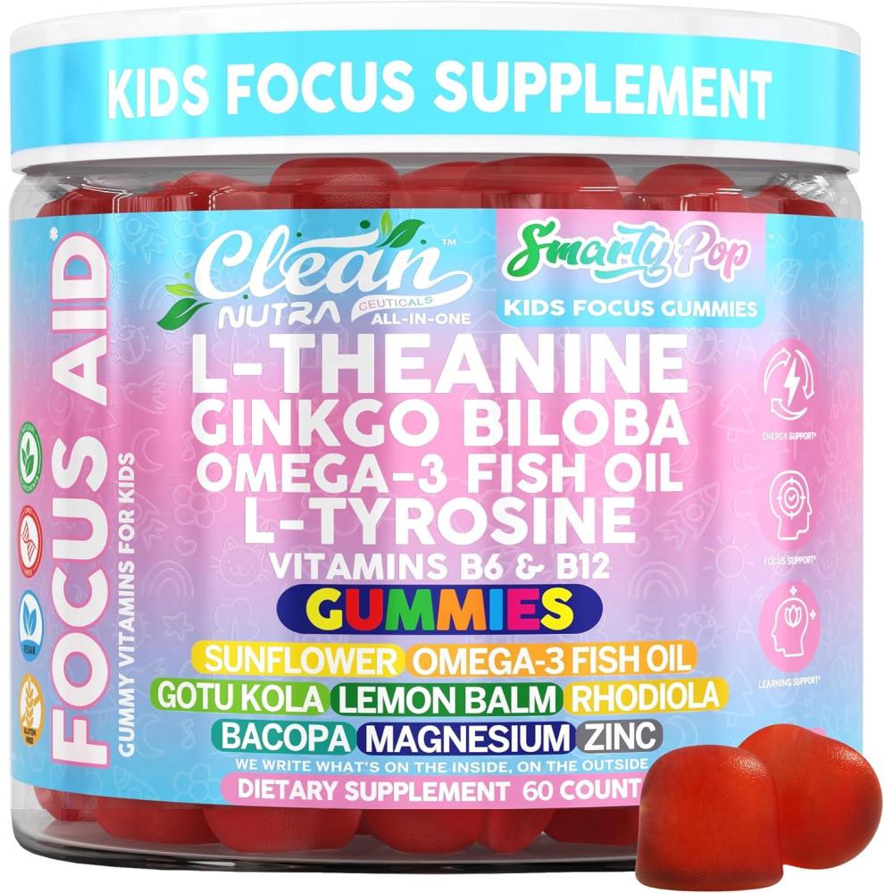 image:imageClean Nutra Kids Focus Gummies with LTheanine Ginkgo Biloba Omega3 Fish Oil LTyrosine Vitamin B6 B12 60 Count Clean Label NonGMO VeganFriendly SmartyPop Formula for Kids Support