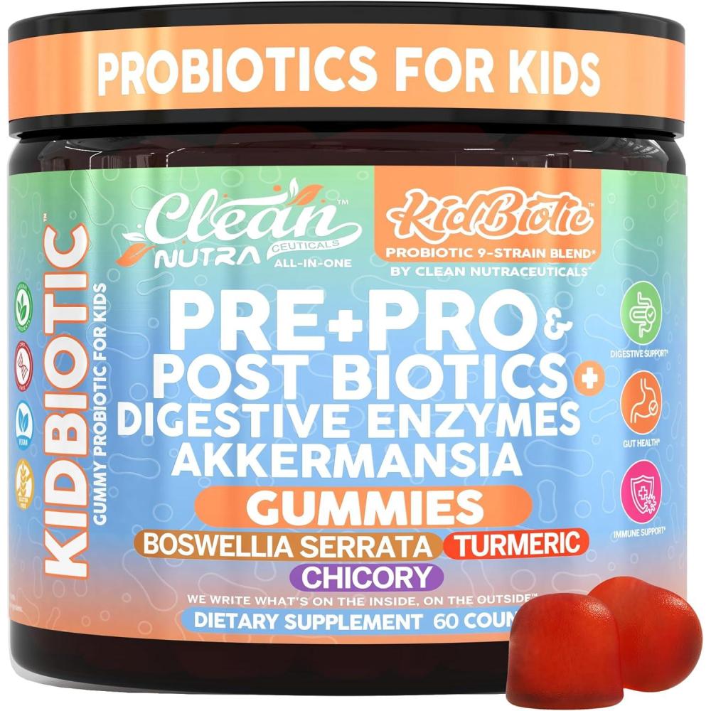 image:imageClean Nutra Kids Probiotics Gummies with Prebiotics Postbiotics Digestive Enzymes Akkermansia Boswellia Serrata Turmeric Chicory 60 Count PlantBased Supplement for Kids PeachPop Flavor