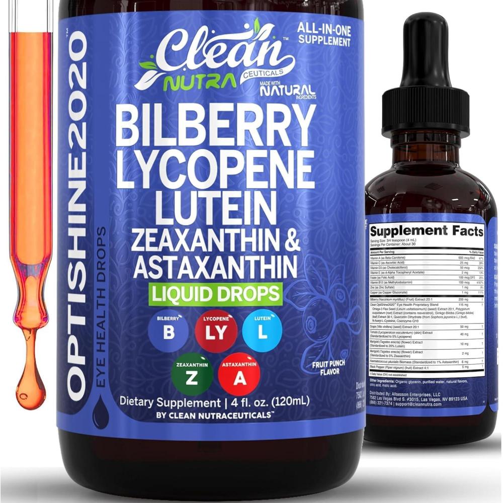 image:imageClean Nutra Lutein and Zeaxanthin Eye Vitamins Supplement Lycopene Astaxanthin Bilberry Liquid Drops Organic Astaxanthin Daily Lutein for Eyes Health Support Vitamin Minerals Extract 60 Servings