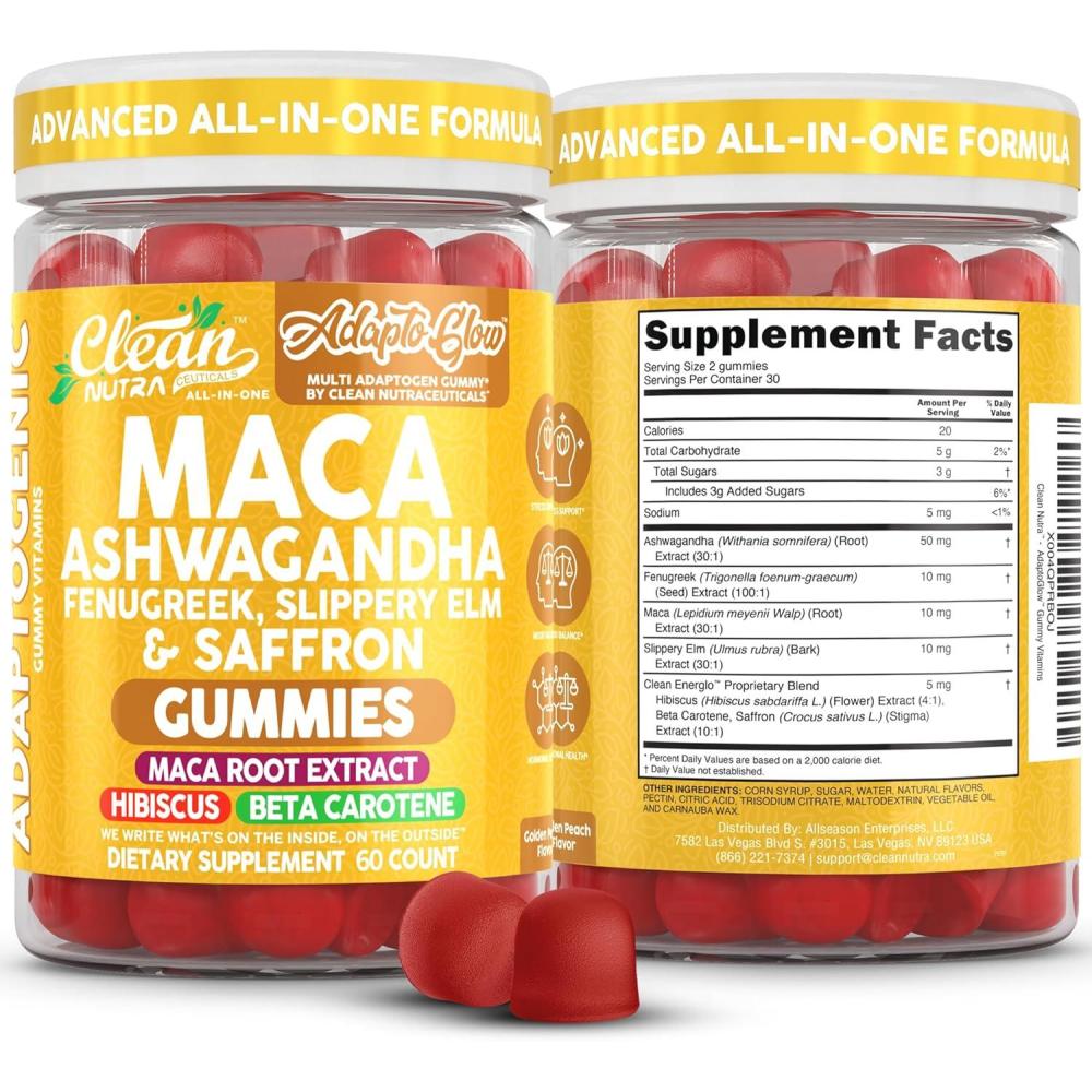 image:imageClean Nutra Maca Root Gummies Ashwagandha Fenugreek Slippery Elm Saffron Hibiscus Beta Carotene Vitamin A for Women Macaroot Extract 60 Gummies Vegan Adaptogen Supplement Gummy Non GMO