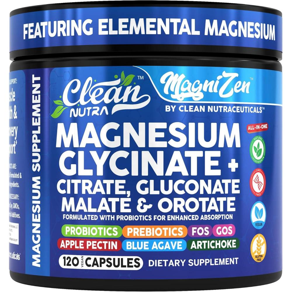image:imageClean Nutra Magnesium Glycinate Citrate Malate Orotate Taurate Supplement Complex 10 Strain Probiotic Prebiotics FOS GOS Inulin Sleep Calm Support Apple Pectin 120 Vegan Capsules