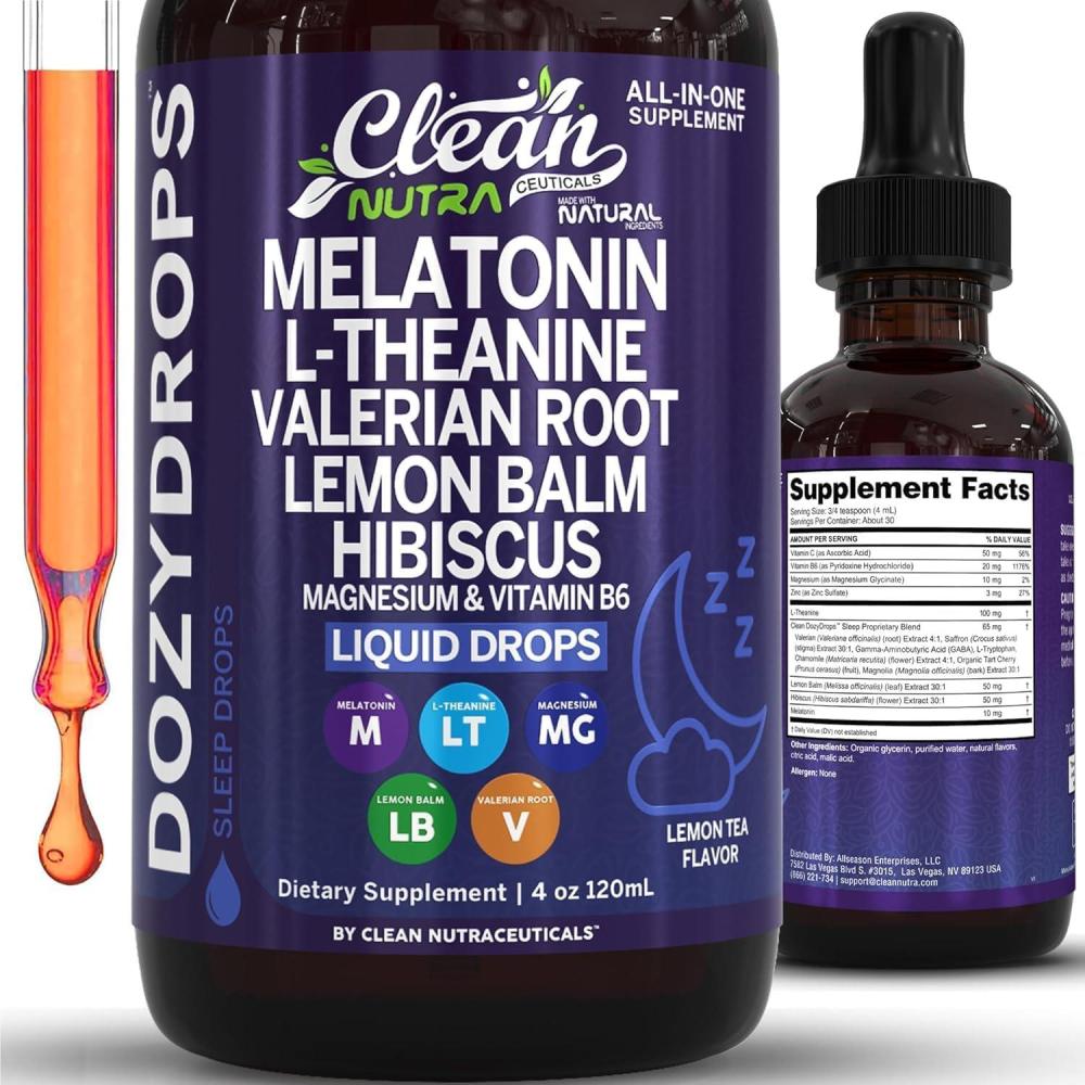 image:imageClean Nutra Melatonin 10mg Drops Magnesium Vitamin B6 LTheanine Valerian Hibiscus Lemon Balm Supplement Liquid SugarFree Vegan NonGMO Natural Sleep Support Aid Lemon Tea Flavor 120mL Formula