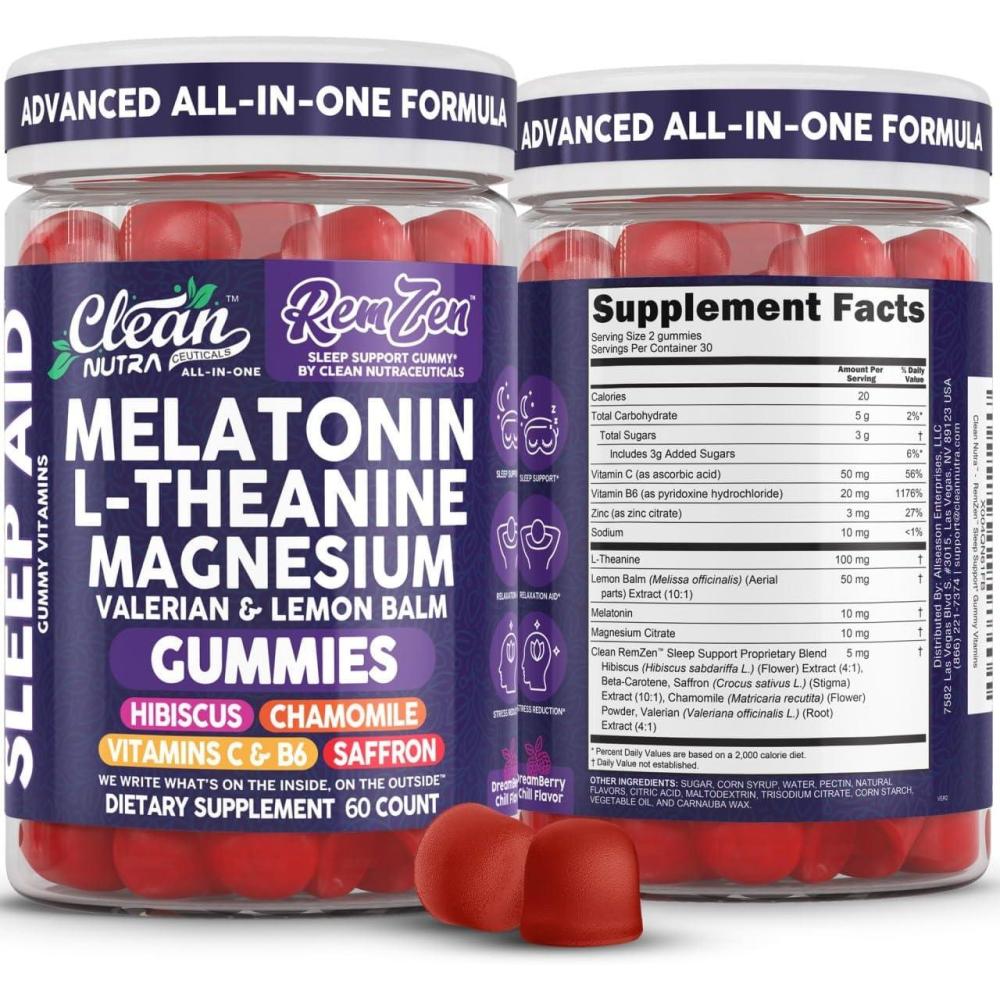 image:imageClean Nutra Melatonin Gummies L Theanine Magnesium Valerian Root Lemon Balm Chamomile Vitamin C Gummy Saffron Sleep Aid Calm Vitamin B6 Stress Relief Hibiscus Relax Mood Happy Supplement Men Women