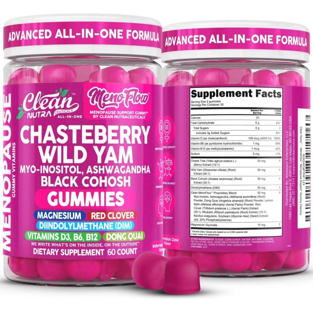 image:imageClean Nutra Menopause Supplements for Women Chastberry Wild Yam Gummies Inositol Black Cohosh Magnesium Red Clover DIM Supplement B6 Magnesium Glycinate Glycine Vitex Hormone Balance Gummy Vitamins