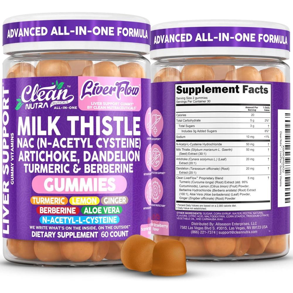 image:imageClean Nutra Milk Thistle NAC Supplement N Acetyl Cysteine Artichoke Dandelion Root Turmeric Berberine Ginger Curcumin Gut Health Metabolism Detox amp Cleanse 60 Gummies
