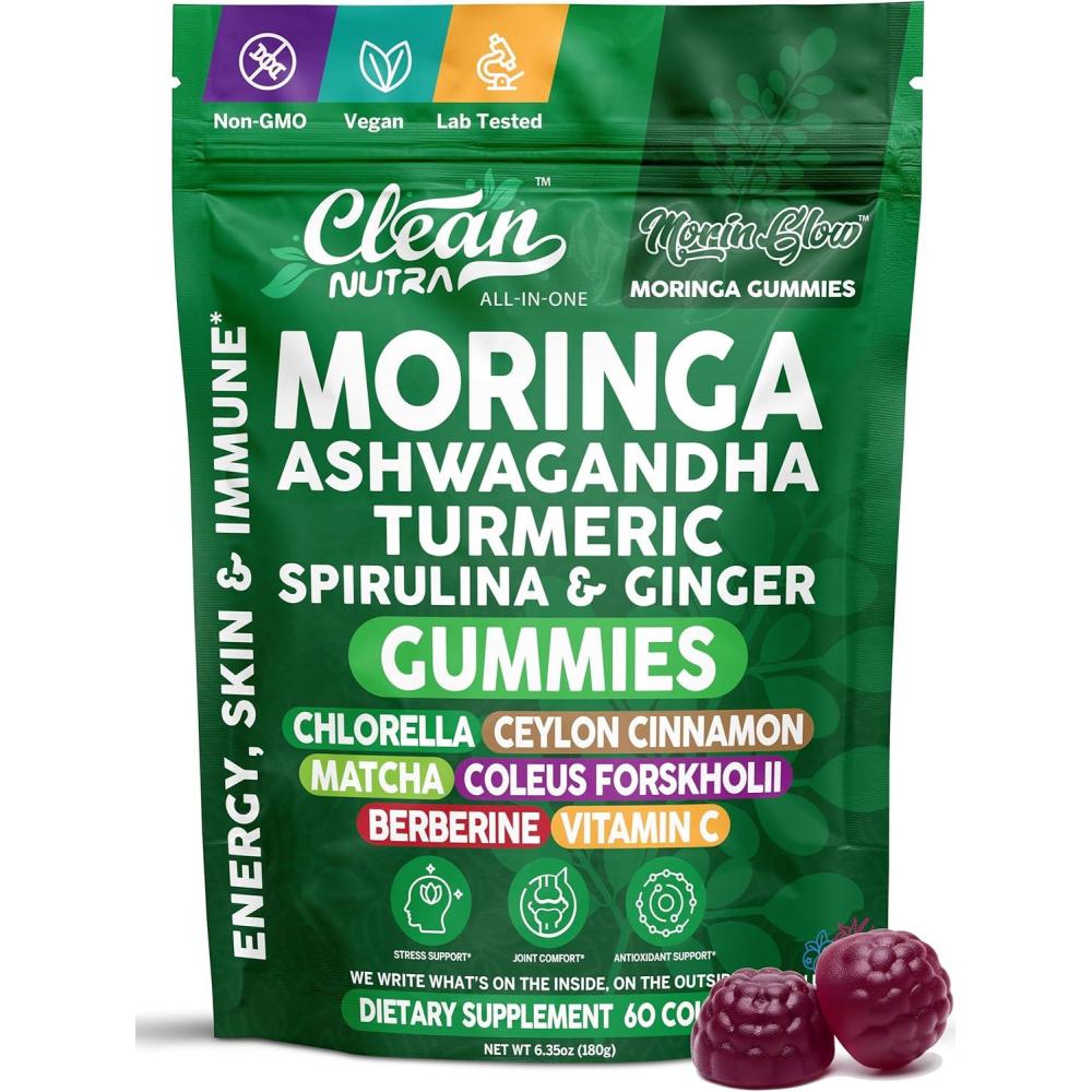 image:imageClean Nutra Moringa Gummies Pure Moringa Powder Supplement Ashwagandha Turmeric Spirulina amp Ginger Energy Skin Immune amp Gut Health Green Superfood Moringa Capsules Alternative