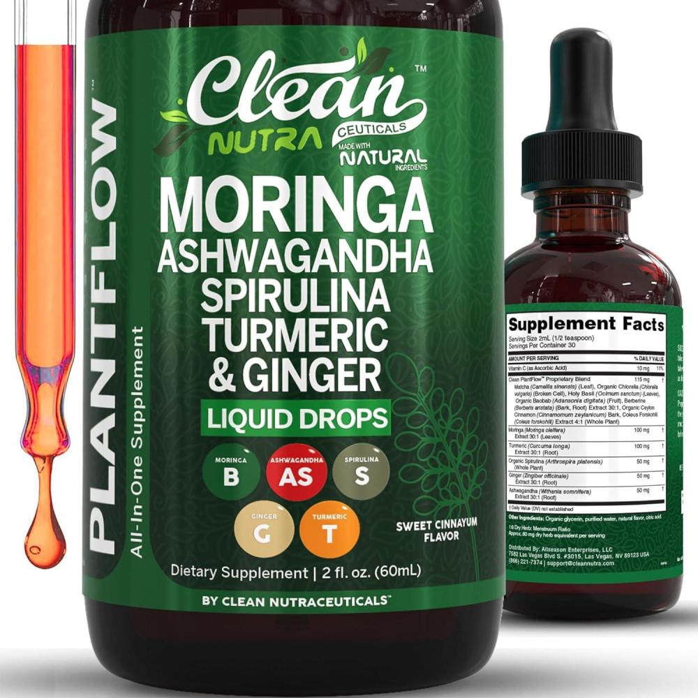 image:imageClean Nutra Moringa Supplement Drops Ashwagandha Spirulina Chlorella Turmeric amp Ginger Liquid Barley Grass with Chlorophyll Blue Green Algae Vitamin C Antioxidant Holy Basil Ceylon Cinnamon PlantFlow