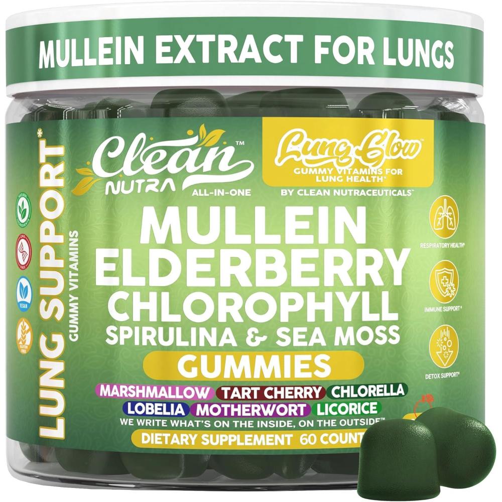 image:imageClean Nutra Mullein Gummies for Lung Health Support with Elderberry Chlorophyll Spirulina Tart Cherry Sea Moss Vitamin C Lutein Marshmallow Root Licorice Root Superfood Greens Mucus Relief 60 Gummies
