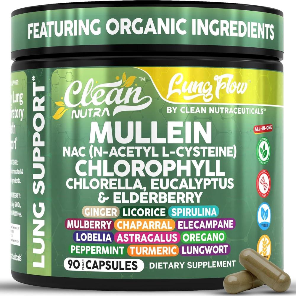 image:imageClean Nutra Mullein Leaf Extract for Lungs Cleanse NAC Supplement Chlorophyll Chlorella Elderberry Lung Detox for Smokers Ginger Licorice Astragalus Oregano Turmeric Respiratory Support Capsules