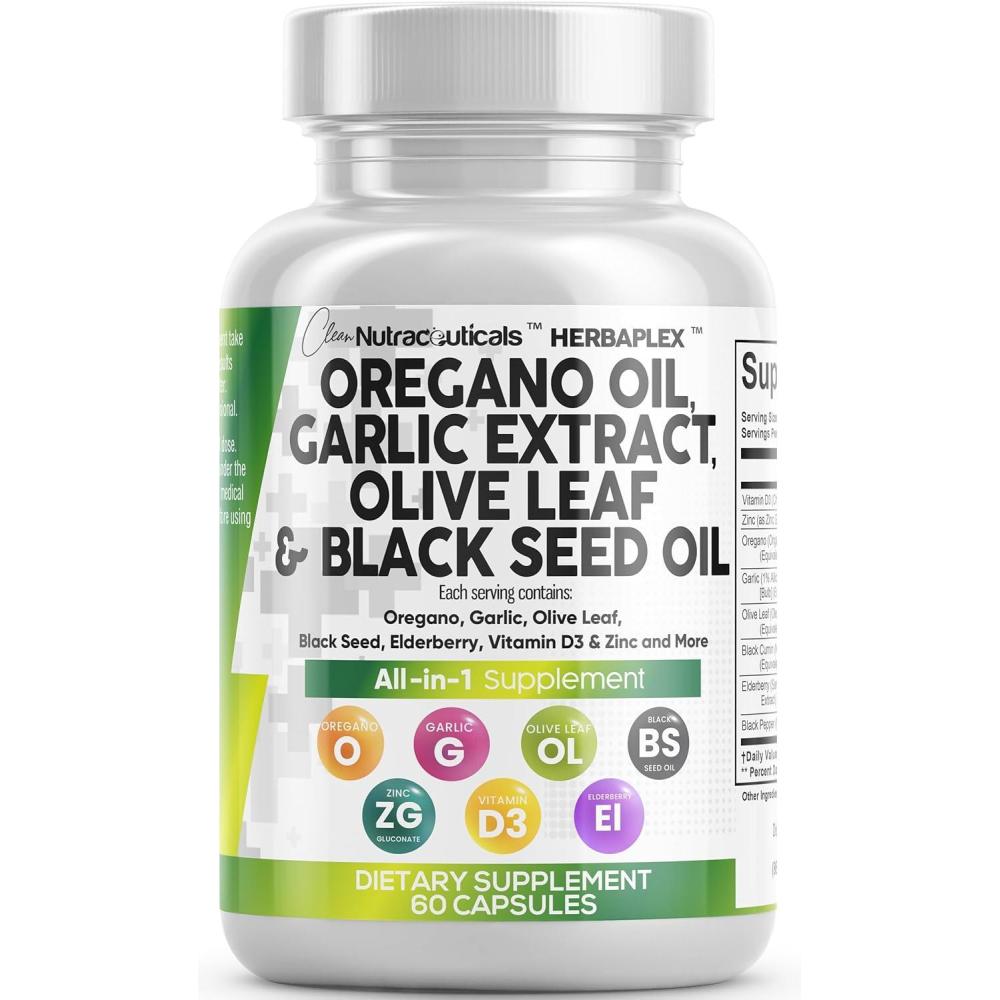 image:imageClean Nutra Oregano Oil with Black Seed Oil Garlic Olive Leaf Extract Oil of Oregano Capsules Immune Support Carvacrol amp Thymoquinone Supplement for Women and Men Elderberry Vitamin D3 amp Zinc60 Count Pack of 1