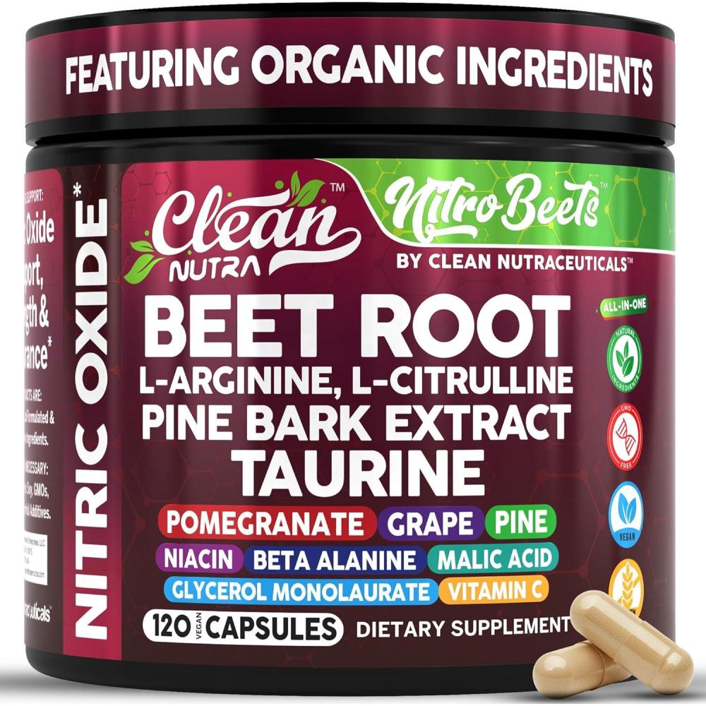 image:imageClean Nutra Organic Beet Root Capsules L Arginine L Citrulline Pine Bark Nitric Oxide Beetroot Powder Arginine Citrulline Supplement Pre Workout Supplements Extract 120 Vegan Pills