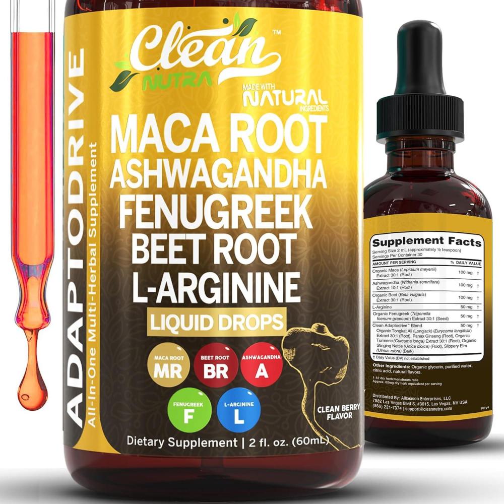 image:imageClean Nutra Organic Maca Root Liquid Drops with Ashwagandha Fenugreek Beet Root and LArginine Liquid Multivitamin for Women and Men Adapto Drive1