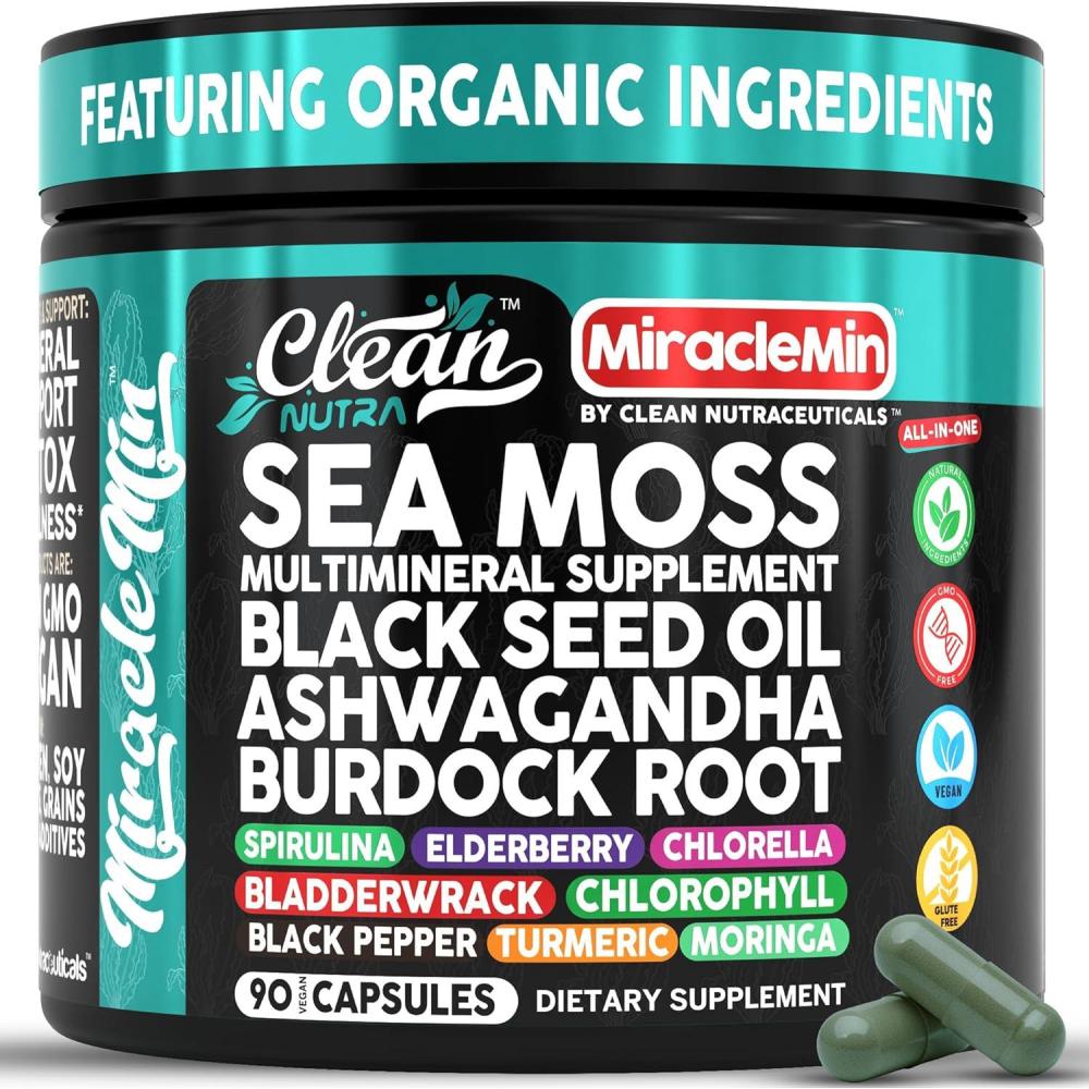 image:imageClean Nutra Organic Sea Moss Capsules with Ashwagandha Black Seed Oil Burdock Root Bladderwrack Moringa Chlorella Spirulina Turmeric Elderberry Amla 90 Vegan Capsules MiracleMin1