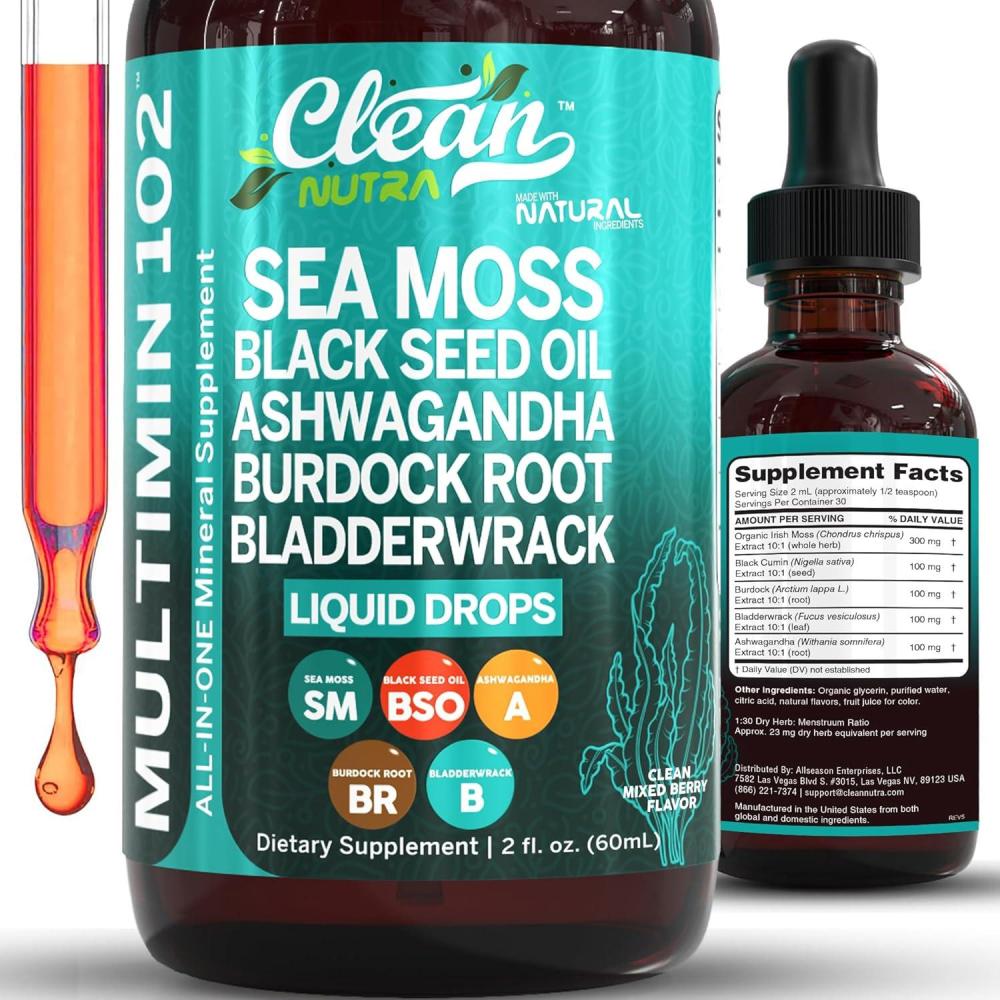 image:imageClean Nutra Organic Sea Moss Drops Supplement Black Seed Oil Irish Seamoss Ashwagandha Burdock Root amp Bladderwrack Multimineral Liquid Vegan for Gut Heath Energy Skin Immune Support amp Hair1