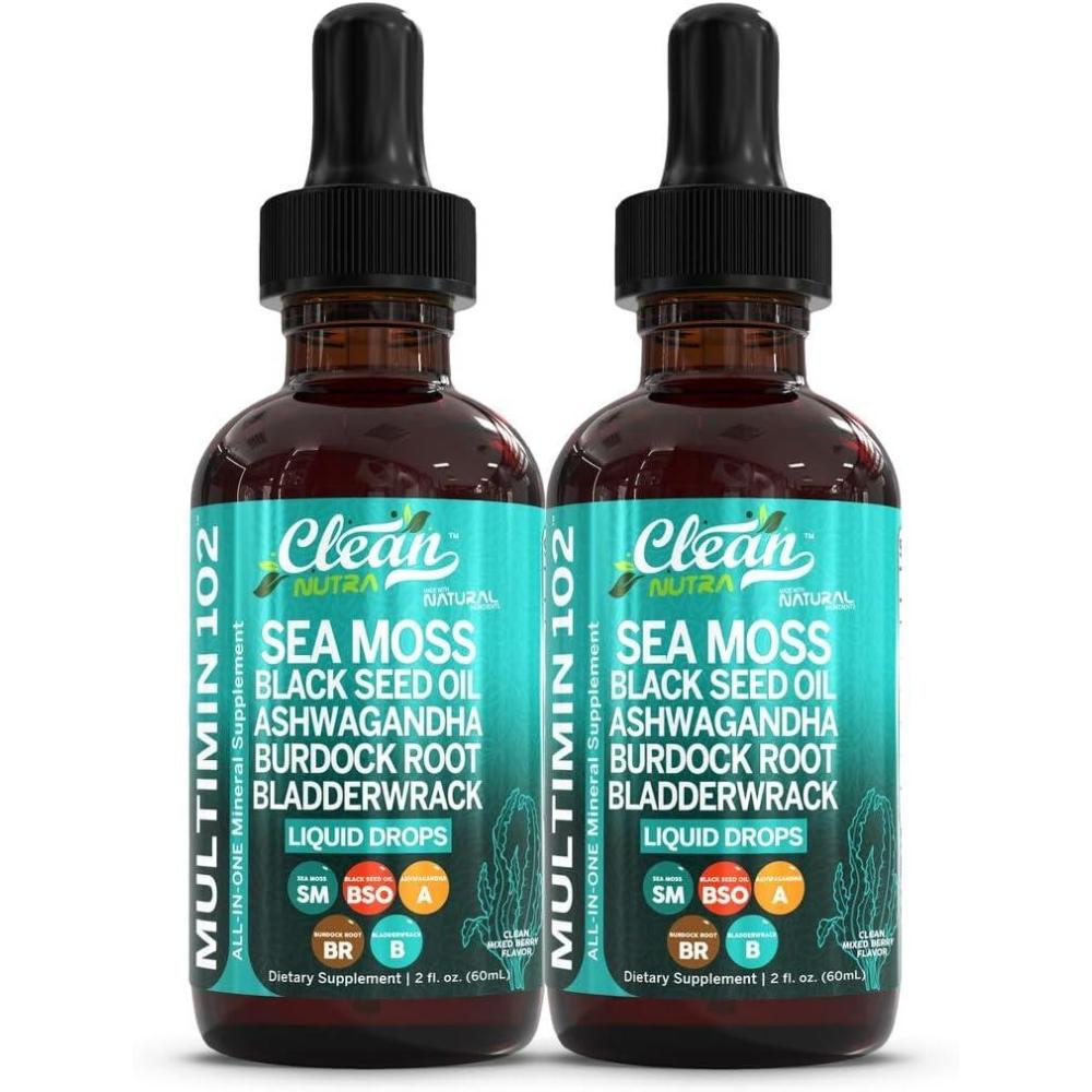 image:imageClean Nutra Organic Sea Moss Drops Supplement Black Seed Oil Irish Seamoss Ashwagandha Burdock Root amp Bladderwrack Multimineral Liquid Vegan for Gut Heath Energy Skin Immune Support amp Hair2
