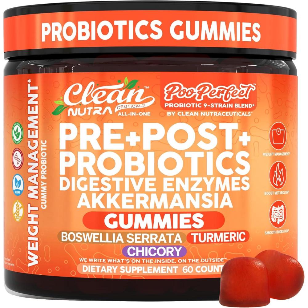 image:imageClean Nutra Prebiotic Postbiotic Digestive Enzymes Gummies with Chicory Root Boswellia Serrata Turmeric and Akkermansia PrePost Probiotics Supplement 60 Count Gummy PooPerfect