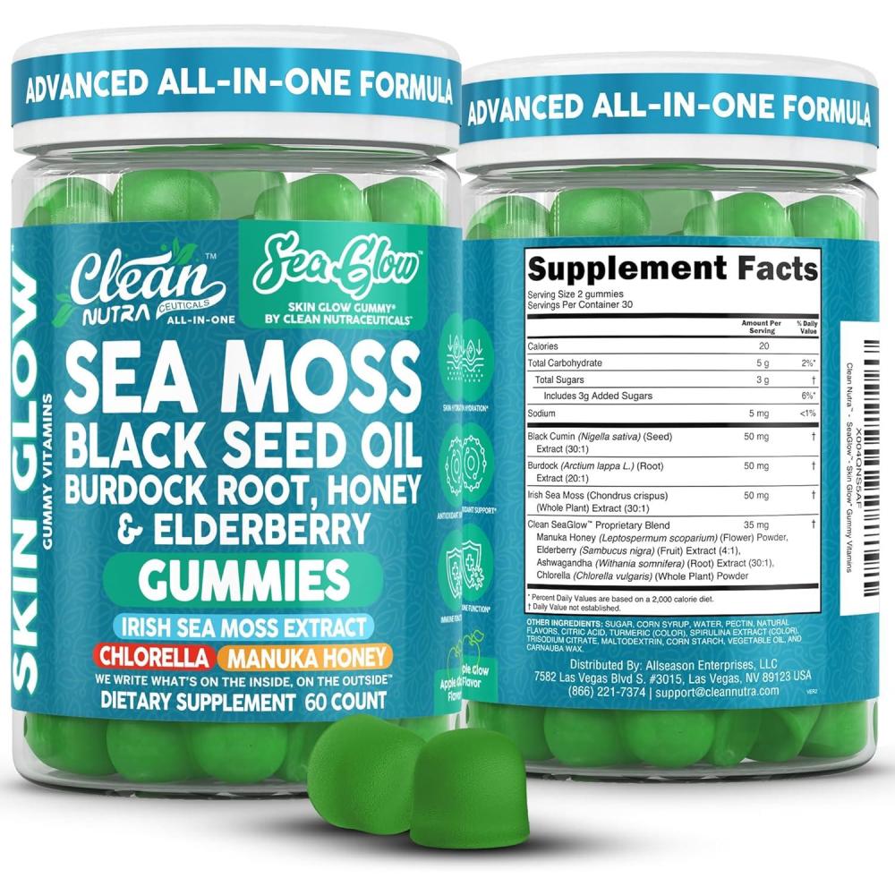 image:imageClean Nutra Sea Moss Gummies Black Seed Oil Chlorella Ashwagandha Root Hair Growth Skin Glow Irish Sea Moss Elderberry Burdock Manuka Honey Trace Minerals Detox 60 Gummy Vitamins Sea Glow Supplement