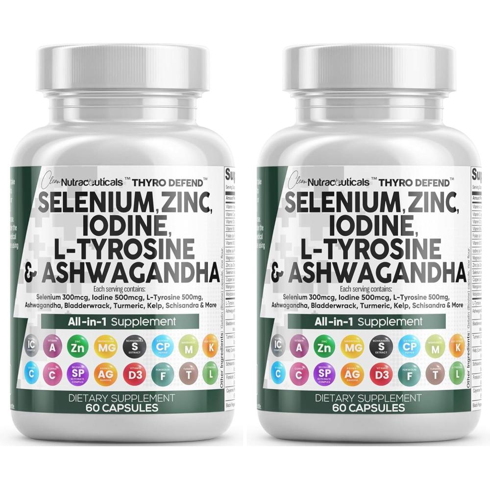 image:imageClean Nutra Selenium 300mcg Iodine 500mcg Thyroid Support for Women amp Men L Tyrosine 500mg Ashwagandha Supplement Bladderwrack Turmeric Kelp Schisandra Zinc Pills Capsule Supplements60 Count Pack of 2
