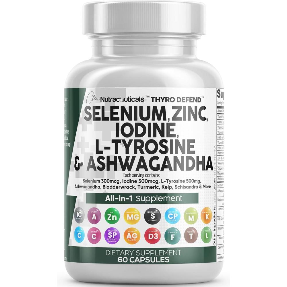 image:imageClean Nutra Selenium 300mcg Iodine 500mcg Thyroid Support for Women amp Men L Tyrosine 500mg Ashwagandha Supplement Bladderwrack Turmeric Kelp Schisandra Zinc Pills Capsule Supplements60 Count Pack of 1
