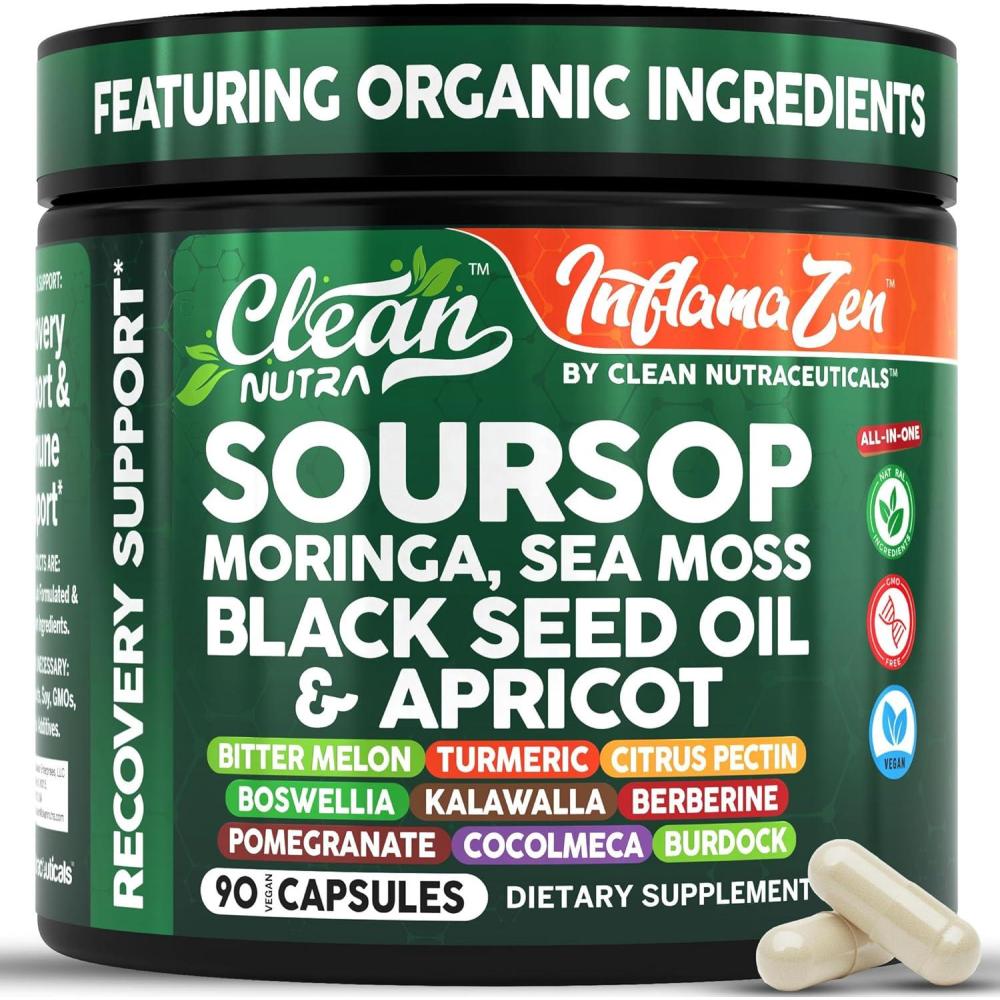 image:imageClean Nutra Soursop Supplement Moringa Sea Moss Black Seed Oil Berberine Turmeric Resveratrol Quercetin Greens Bitters Boswellia Bitter Melon Burdock Root Antioxidant Support 90 Capsules