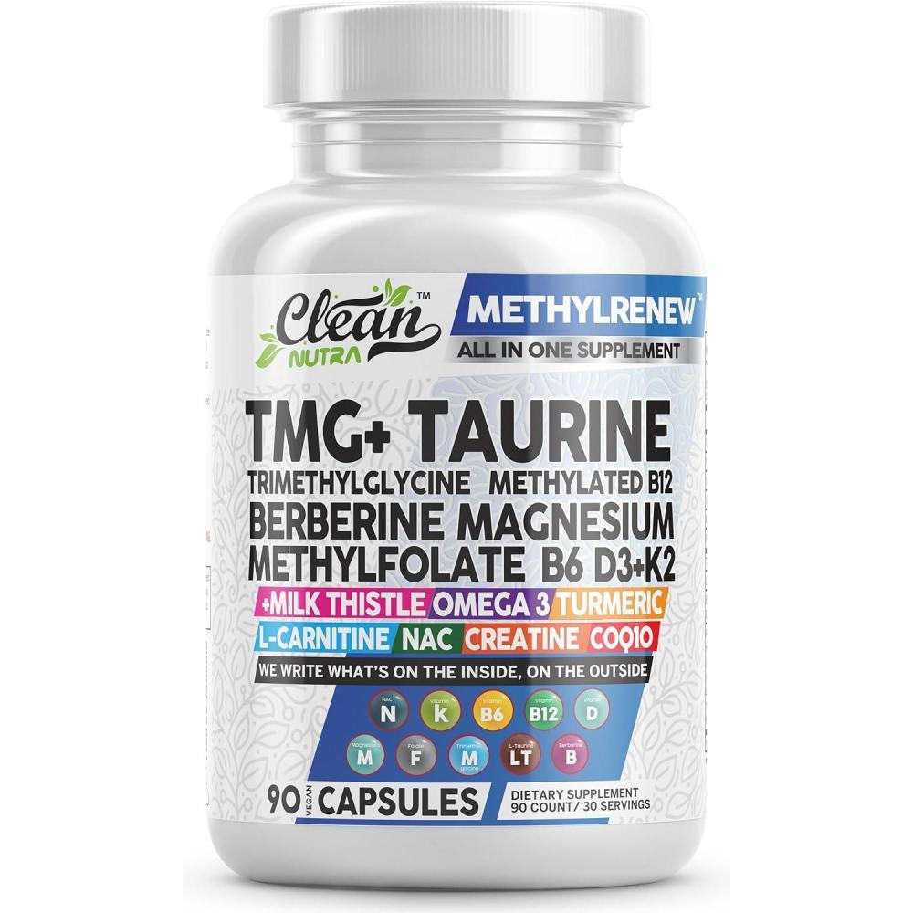 image:imageClean Nutra TMG Supplements 1000mg Methylated Multivitamin for Women Men Taurine B6 Vitamins B12 D3 K2 Trimethylglycine Magnesium Methylfolate Milk Thistle NAC COQ10 B Supplement Complex Capsules