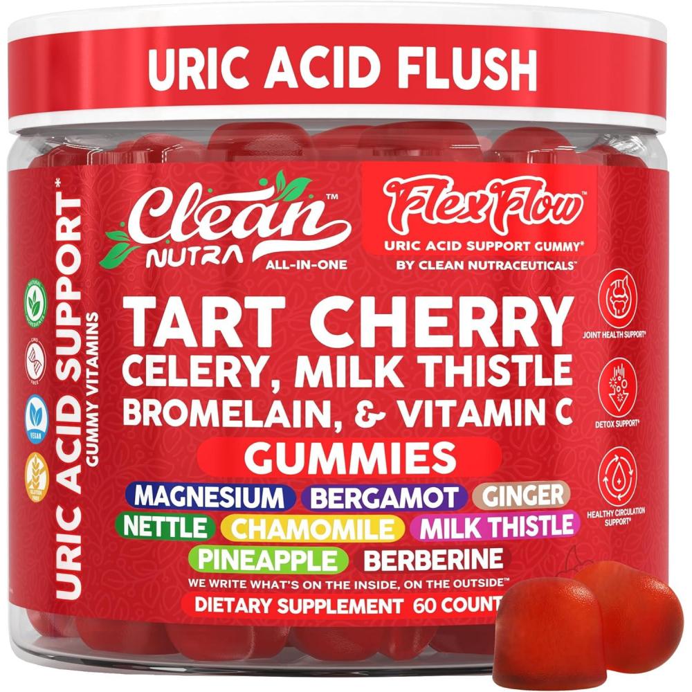 image:imageClean Nutra Tart Cherry Gummies Uric Acid Flush Celery Milk Thistle Bromelain Vitamin C Magnesium Citrus Bergamot Ginger Stinging Nettle Leaf Chamomile Berberine Quercetin Support 60 Gummy Vitamins